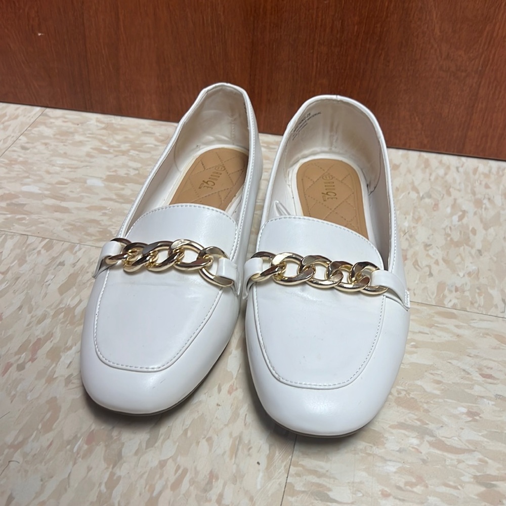 White flats with gold dainty chain